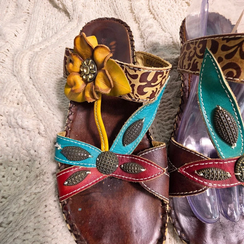 Spring Step Wedge Sandals Leather Red Yellow Teal 3D Flowers‎ Womens 38 7-7.5